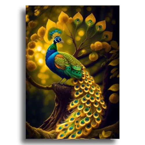Imagem de placa decorativa de um pavão dourado representando o arquétipo do pavão