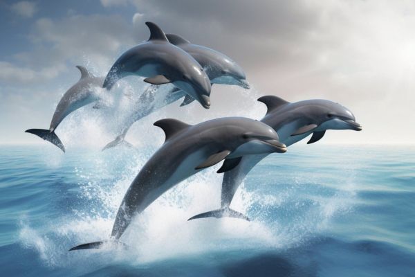 Imagem de vários golfinhos saltando no mar representando o arquétipo do golfinho.
