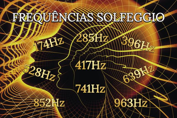 Imagem da sombra de uma cabeça humana envolta por ondas douradas para representar o post frequências solfeggio.